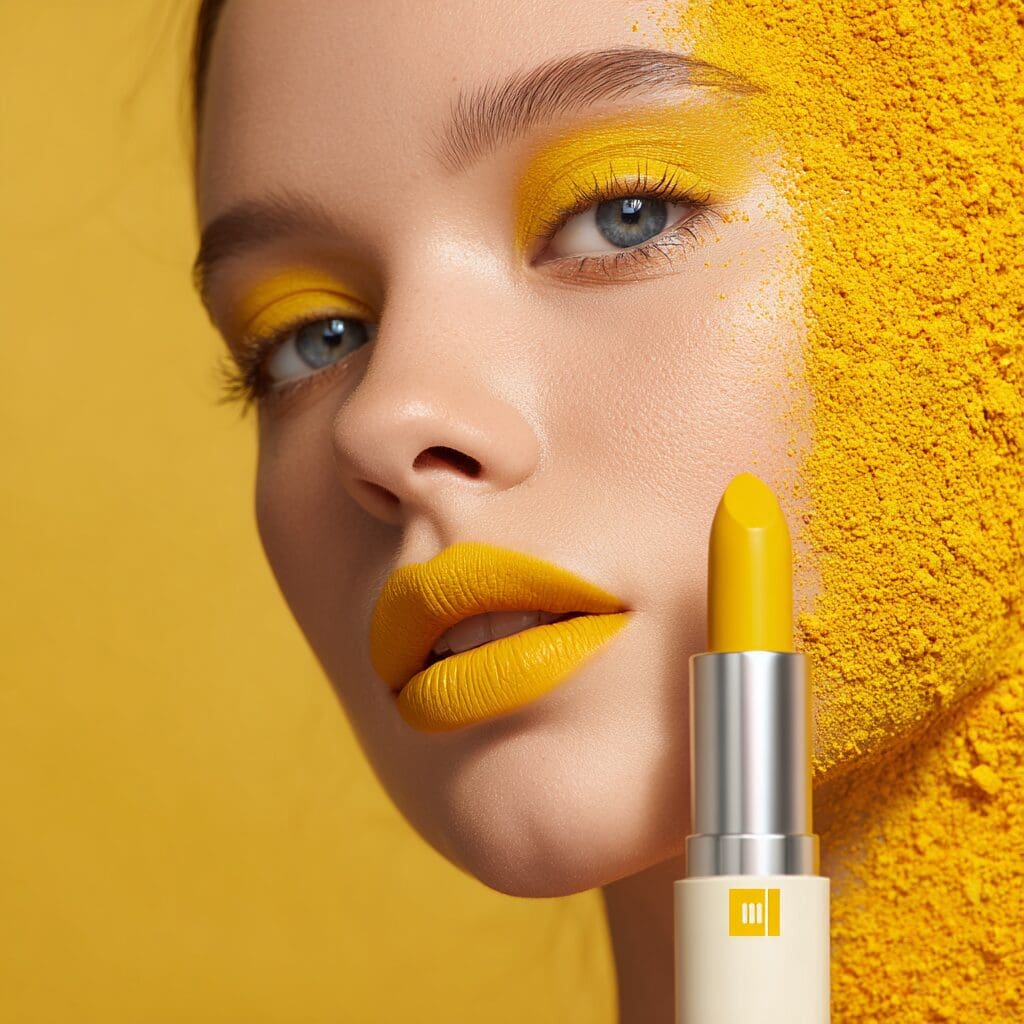 Live model showcasing bold butter yellow lipstick and eyeshadow for cosmetic brand campaign, highlighting 2025 beauty color trends with professional brand photography. Let me know if you’d like this tailored for another color or specific product!