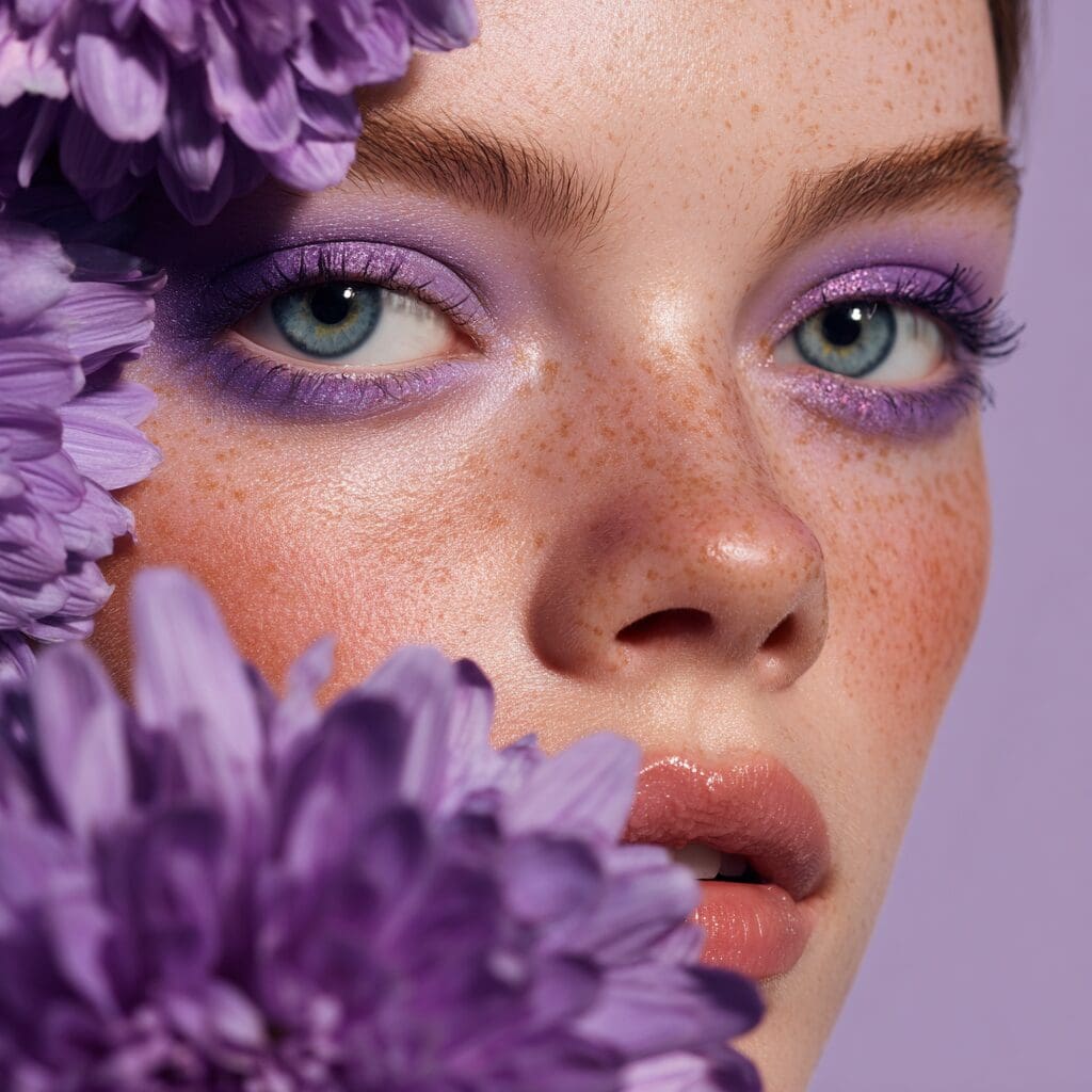 Close-up of a live model with shimmering lovely lilac eyeshadow and glossy lips, surrounded by lilac flowers, showcasing 2025 beauty color trends for cosmetic brand photography.