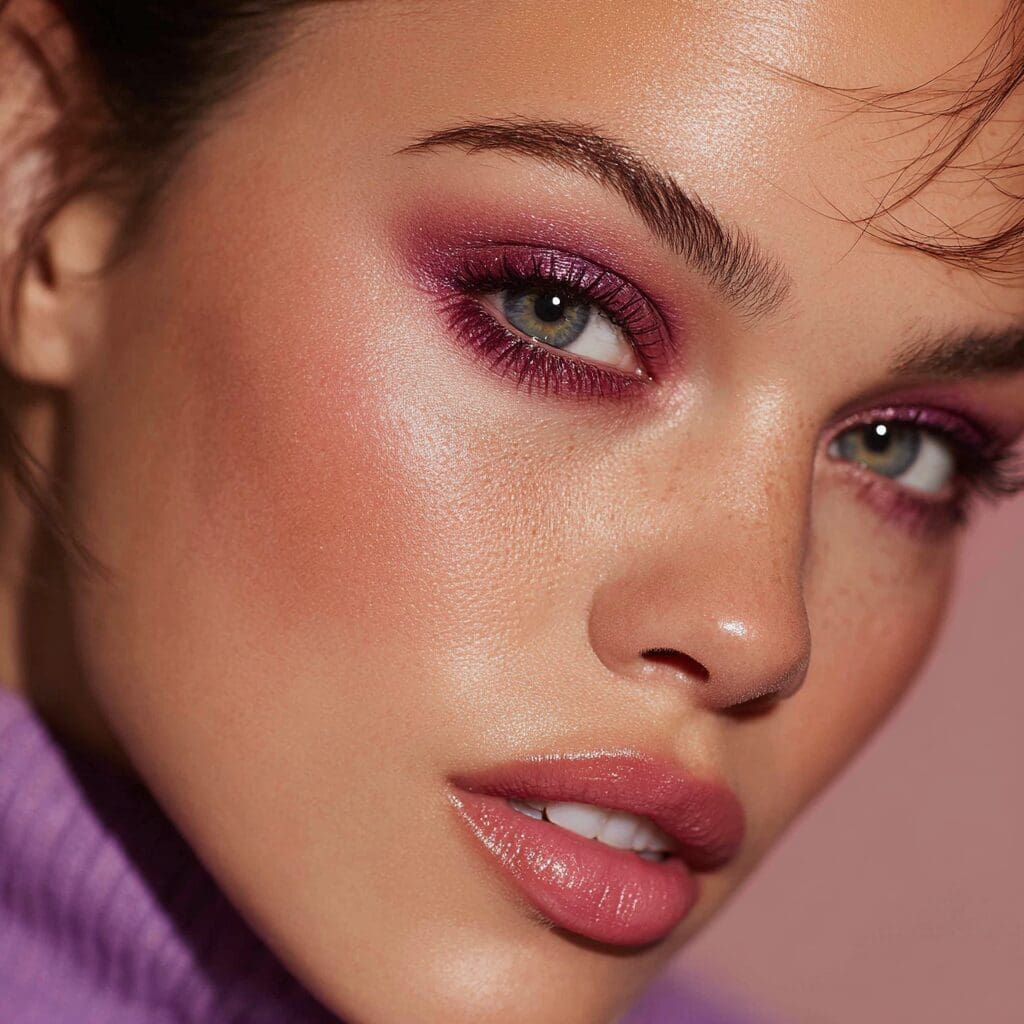 Close-up of a live model with bold blurred berry eyeshadow and glossy berry-toned lips, showcasing 2025 beauty color trends for cosmetic brand photography.