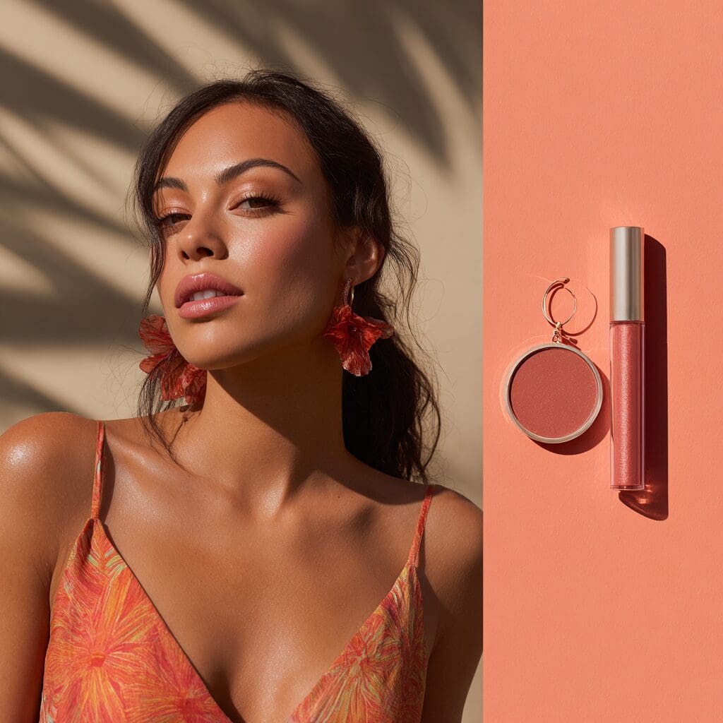 Live model with glowing skin and oceanic coral makeup, paired with matching coral blush and lip gloss, showcasing 2025 beauty color trends for cosmetic brand photography.