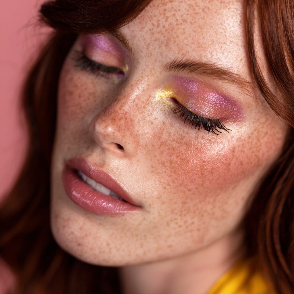 Close-up of a live model with luminous dewy skin, glossy lips, and shimmering pink and gold eyeshadow, showcasing 2025 beauty trends for cosmetic brand photography.