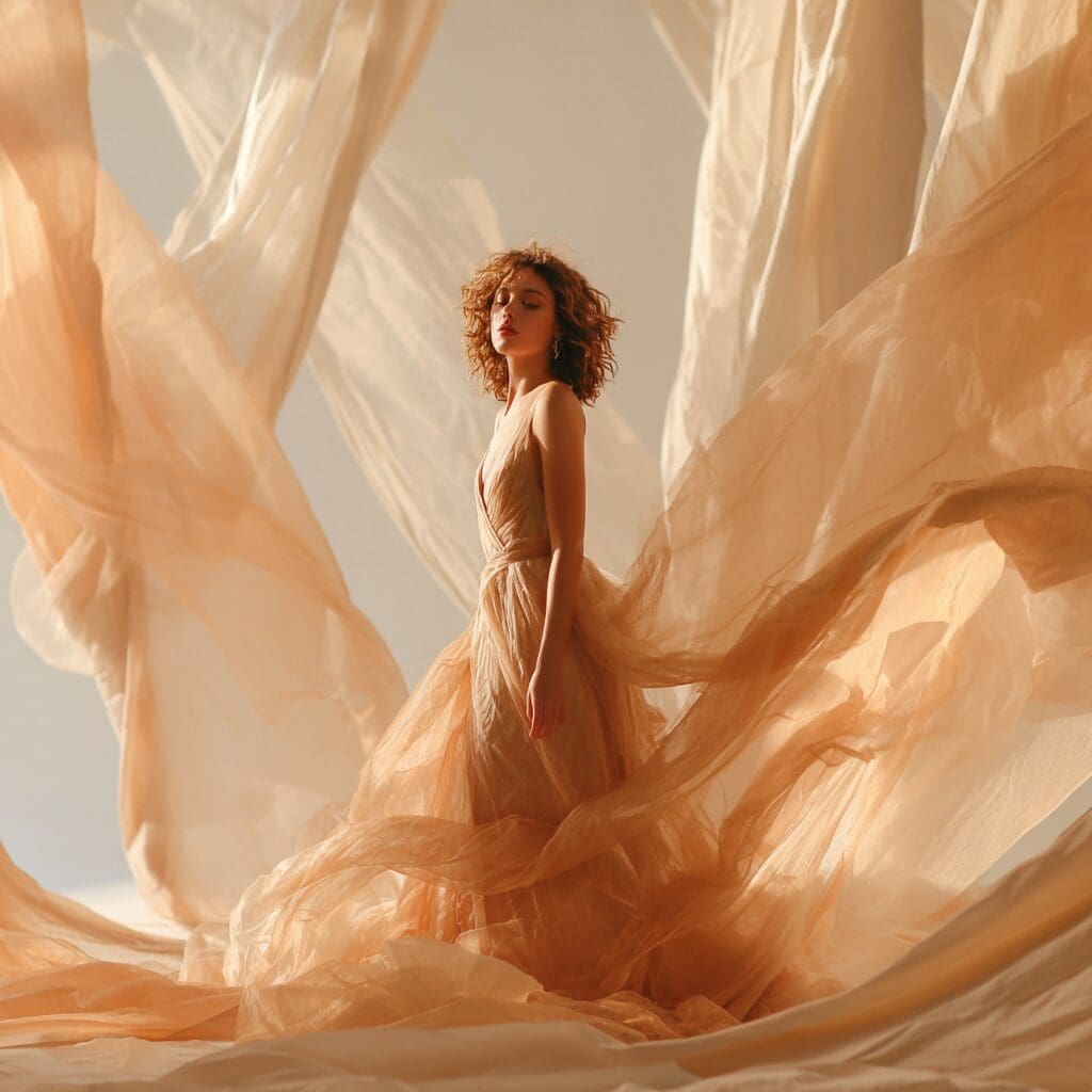 Model in a flowing gown with soft lighting, representing Lumina Atelier’s romantic brand identity.