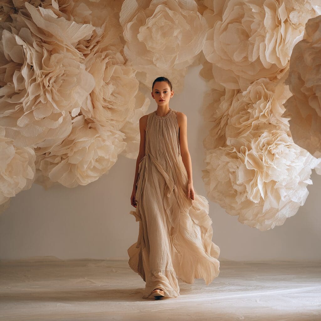 A model in an ethereal, pleated beige gown by Lumina Atelier walks through an artfully staged set adorned with oversized, sculptural cream paper flowers, evoking high-fashion elegance and dreamlike sophistication.