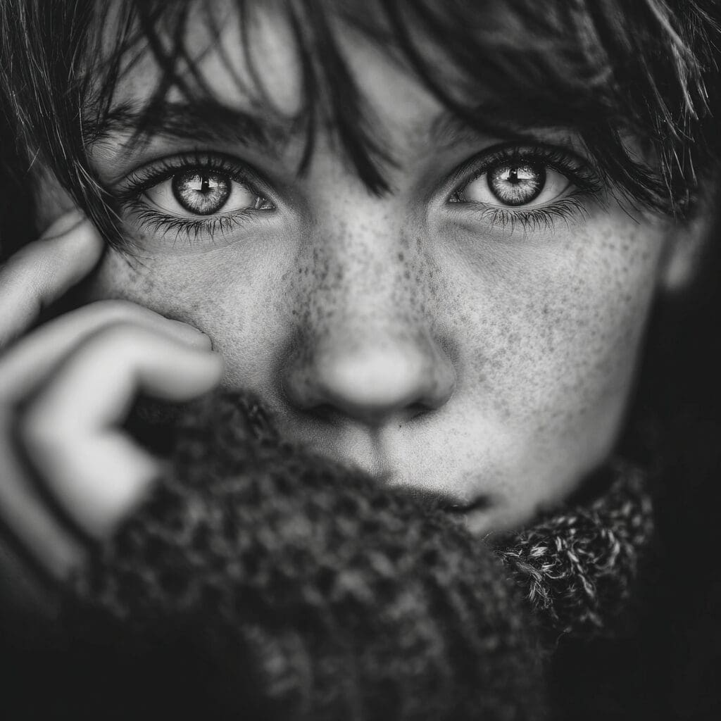 Close-up black and white portrait of a model with striking eyes and natural freckles, wrapped in a textured knit, evoking deep emotion and the power of fashion photography brand identity.