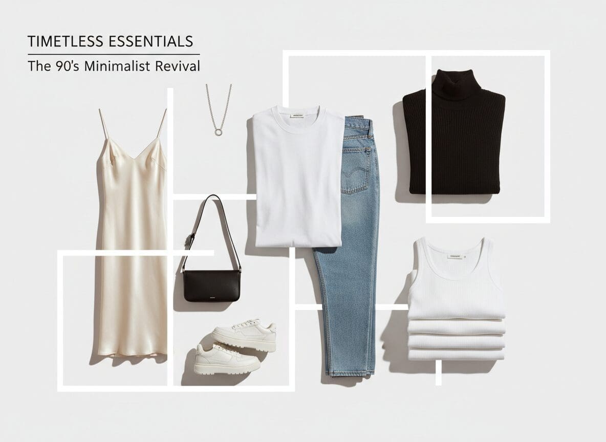 Diverse group of models in 1990s minimalist basics, urban backdrop, golden hour lighting