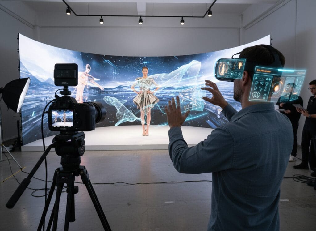 Photographer using AR headset to compose hybrid digital and physical fashion shot