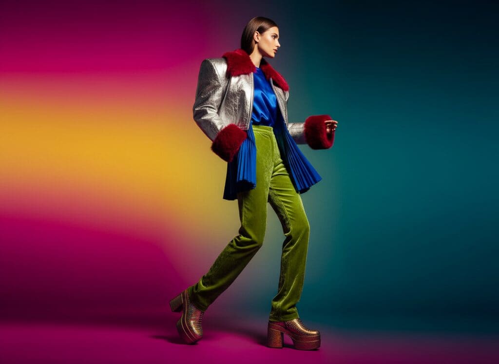 Studio fashion shoot with model in color-blocked outfit, metallics and faux fur, vibrant seamless backdrop