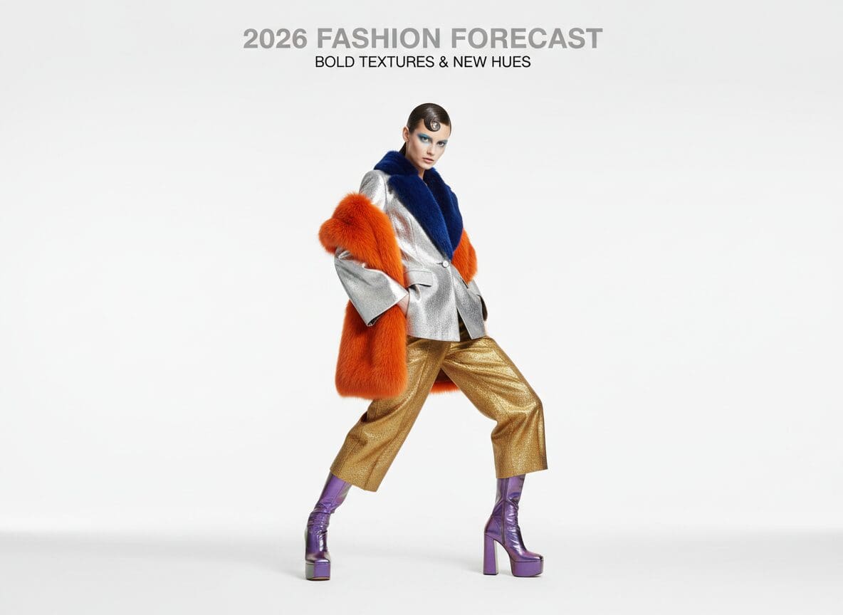 Studio fashion shoot with model in color-blocked outfit, metallics and faux fur, Cloud Dancer white backdrop