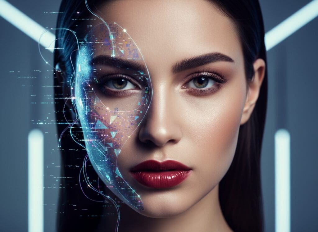Photographer using AR headset to compose hybrid digital and physical fashion shot