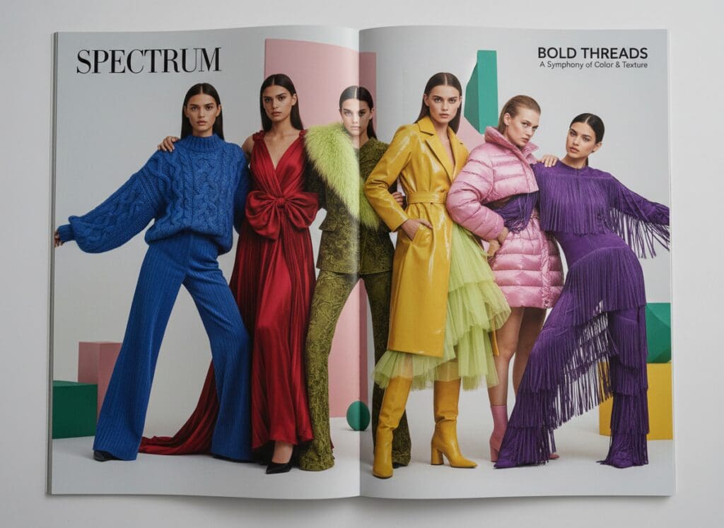 Editorial spread with group of models in bold colors and tactile fabrics, playful composition