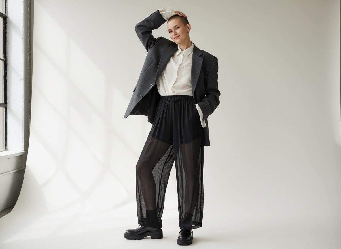 Studio fashion shoot with model in gender-fluid outfit, minimalist seamless backdrop, natural lighting
