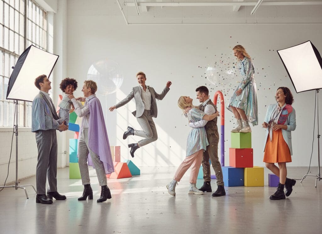 Group of diverse models in gender-fluid outfits, playful editorial composition