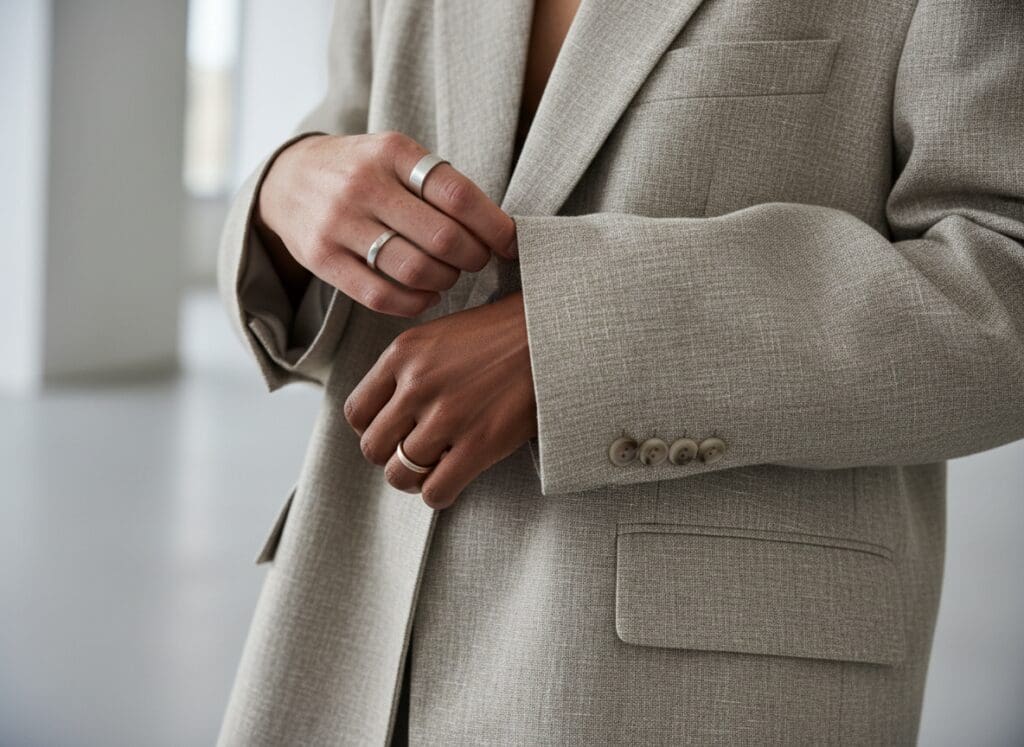 Macro shot of hands adjusting gender-neutral garment, focus on texture and craftsmanship
