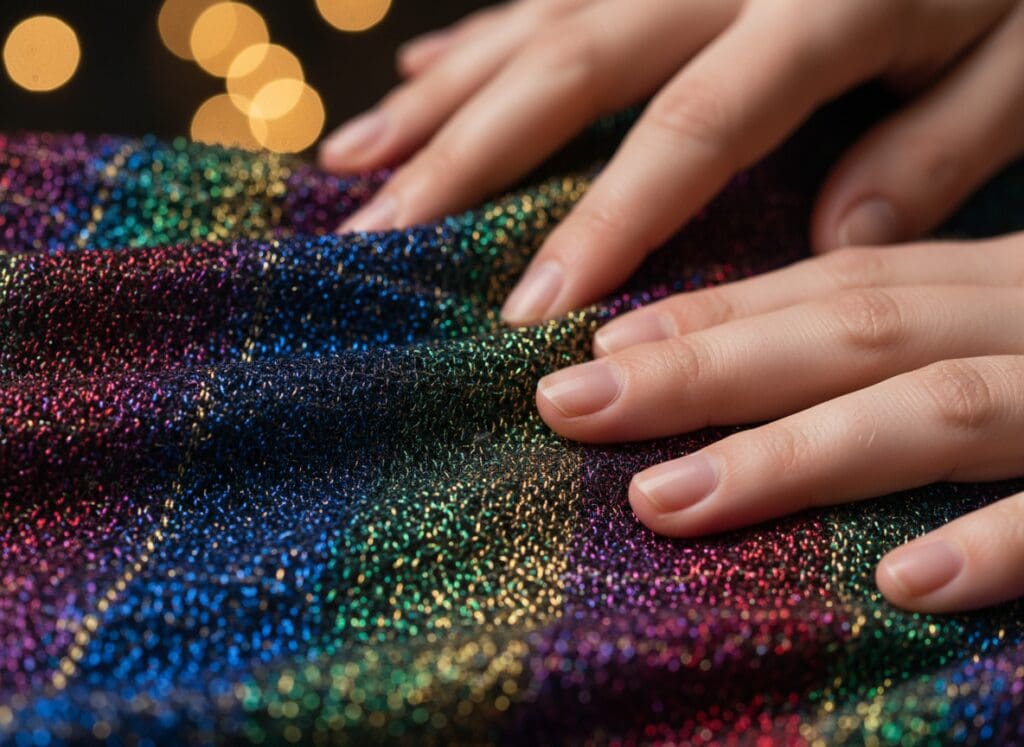 Macro shot of fingers running across vibrant, textured fabric, metallic knit or faux fur