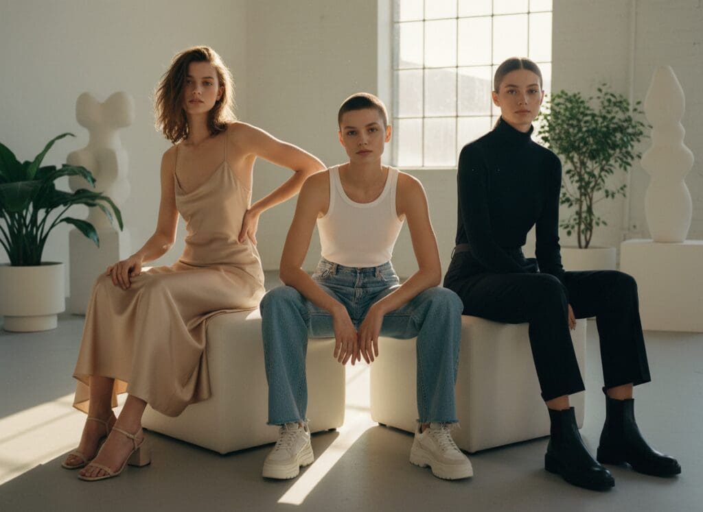 Diverse group of models in 1990s minimalist basics, urban backdrop, golden hour lighting
