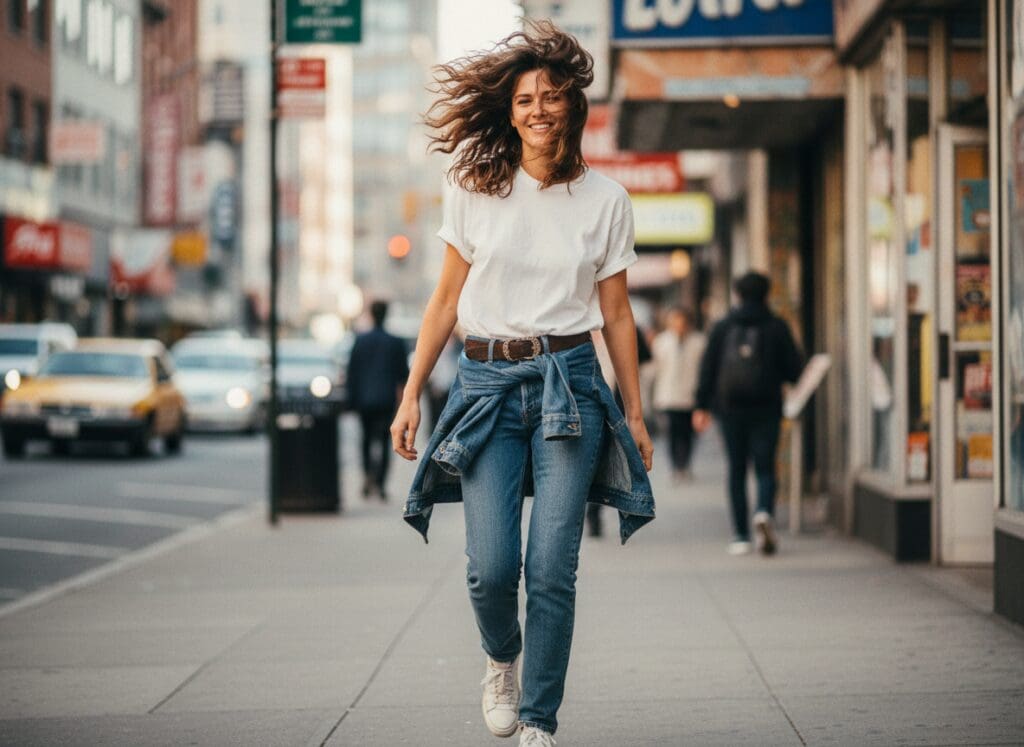 Model in white tee and jeans laughing at city crosswalk, dynamic street style