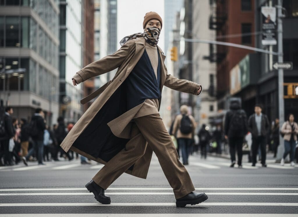 Model with ambiguous gender expression in unisex layers, urban setting, candid pose