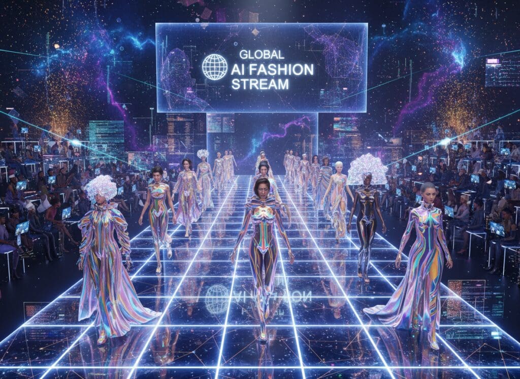 Photographer using AR headset to compose hybrid digital and physical fashion shot