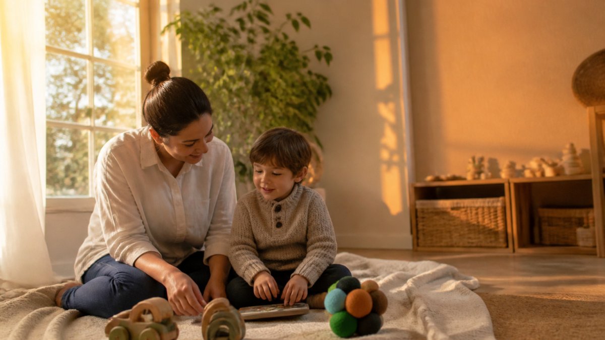 A parent and their child sitting in a calm, naturally lit room during a photography session for special needs children.