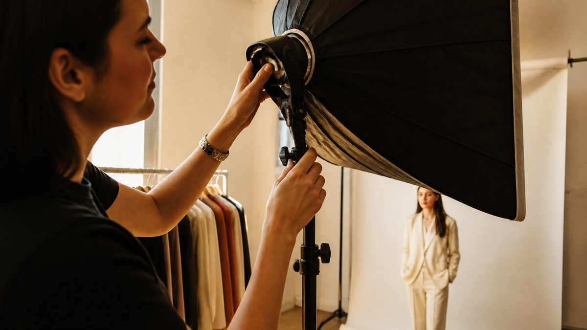 Photographer adjusting a softbox for fast sets in a studio with a model waiting on a seamless backdrop