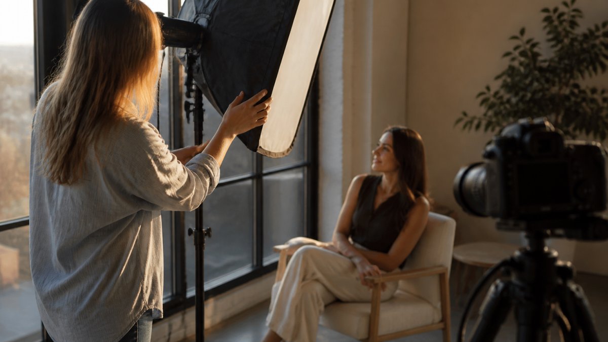 A photographer adjusting a softbox light in a bright studio while a client sits relaxed in a chair, with a camera on a tripod in the foreground