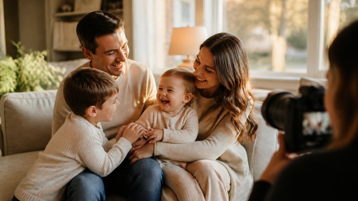 A family of four laughing together in a softly lit living room, parents holding a toddler while an older child leans in, photographer's camera visible at the edge of the frame, warm neutral tones and natural window light