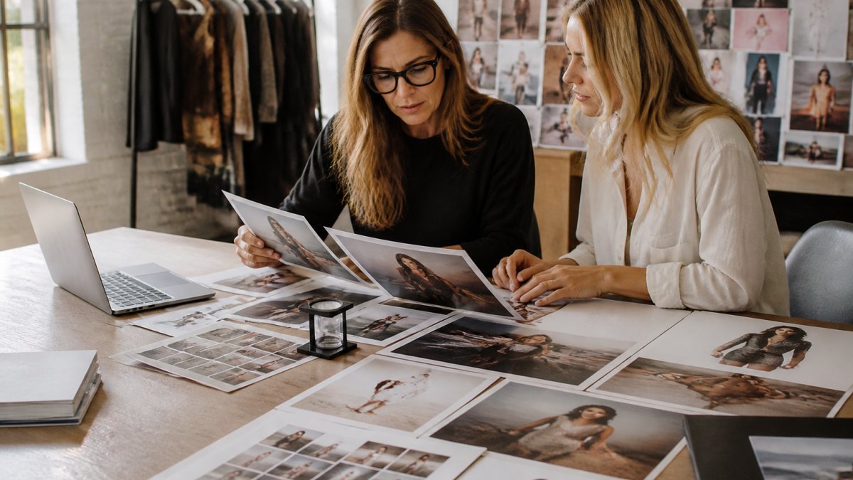 Process diagram for a creative director evaluating an editorial fashion photographer portfolio via print spreads